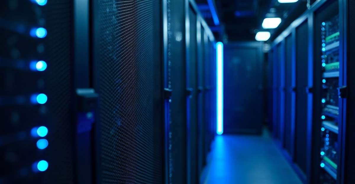 Serverracks in een modern datacenter met blauwe verlichting en georganiseerde bekabeling